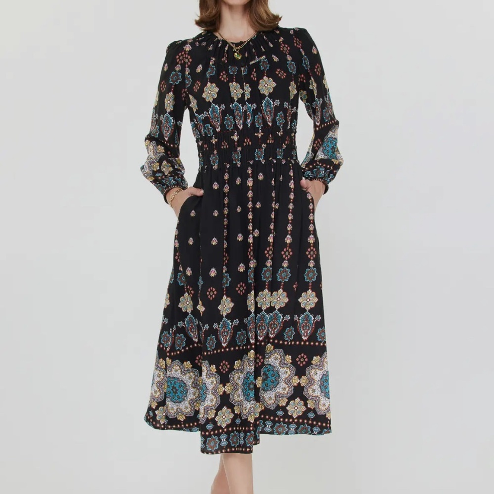 NWT Current Air Boho Floral Midi Dress Black Long Sleeve